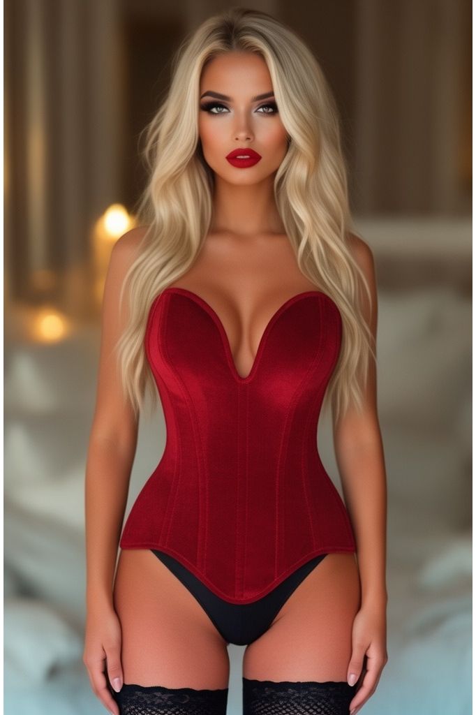 Top Drawer Steel Boned Dark Red Velvet Plunge Neckline Overbust Corset
