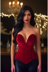 Top Drawer Steel Boned Dark Red Velvet Plunge Neckline Overbust Corset