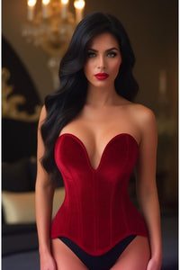 Top Drawer Steel Boned Dark Red Velvet Plunge Neckline Overbust Corset