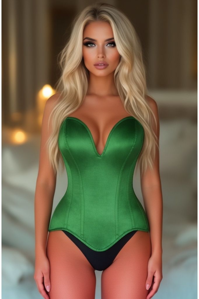 Top Drawer Steel Boned Green Satin Plunge Neckline Overbust Corset