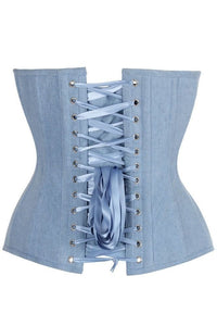LIMITED EDITION Top Drawer Steel Boned Light Blue Denim Plunge Neckline Overbust Corset