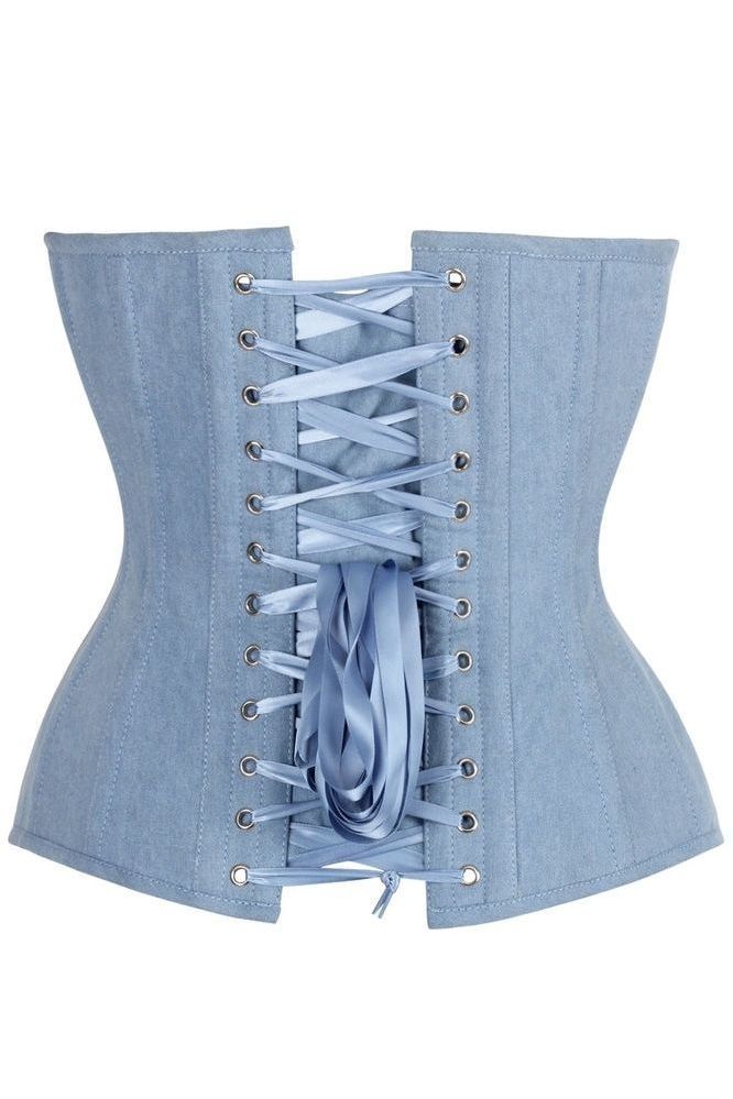 LIMITED EDITION Top Drawer Steel Boned Light Blue Denim Plunge Neckline Overbust Corset