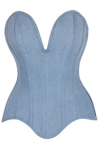 LIMITED EDITION Top Drawer Steel Boned Light Blue Denim Plunge Neckline Overbust Corset