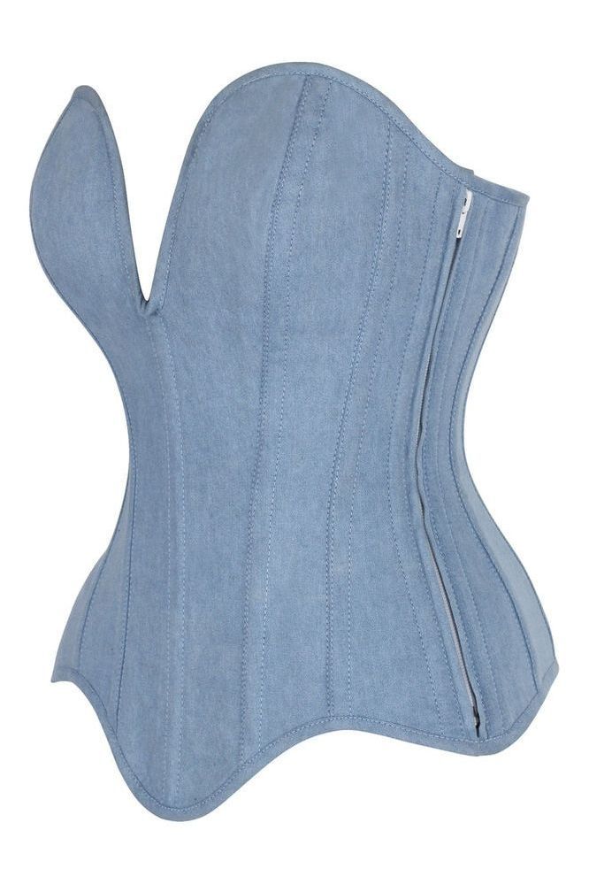 LIMITED EDITION Top Drawer Steel Boned Light Blue Denim Plunge Neckline Overbust Corset