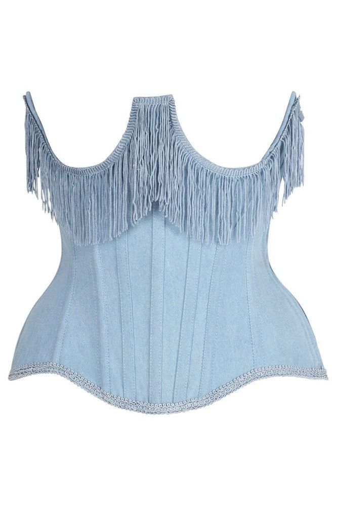 LIMITED EDITION Top Drawer Steel Boned Light Blue Denim Underwire Underbust Corset Cincher w/Fringe
