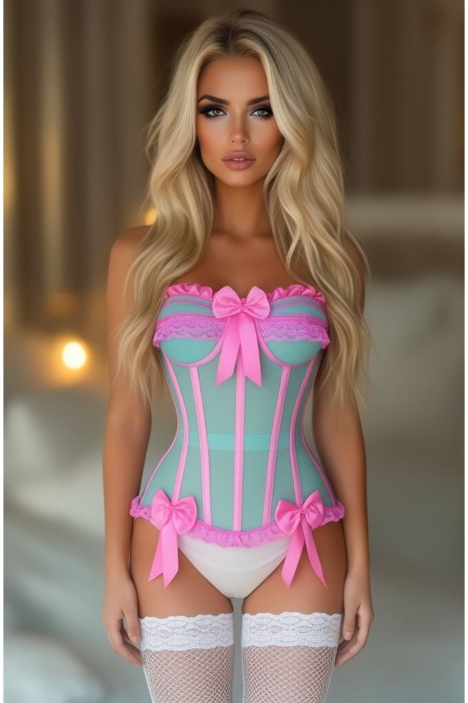 Top Drawer Steel Boned Mint/Pink Mesh Underwire Bustier Corset