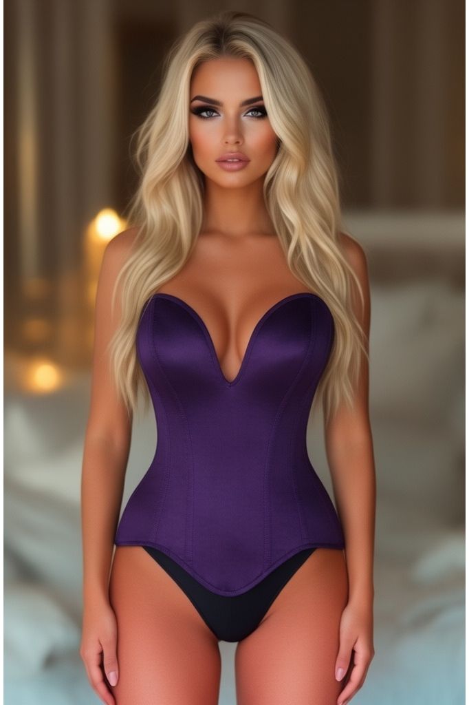Top Drawer Steel Boned Plum Satin Plunge Neckline Overbust Corset