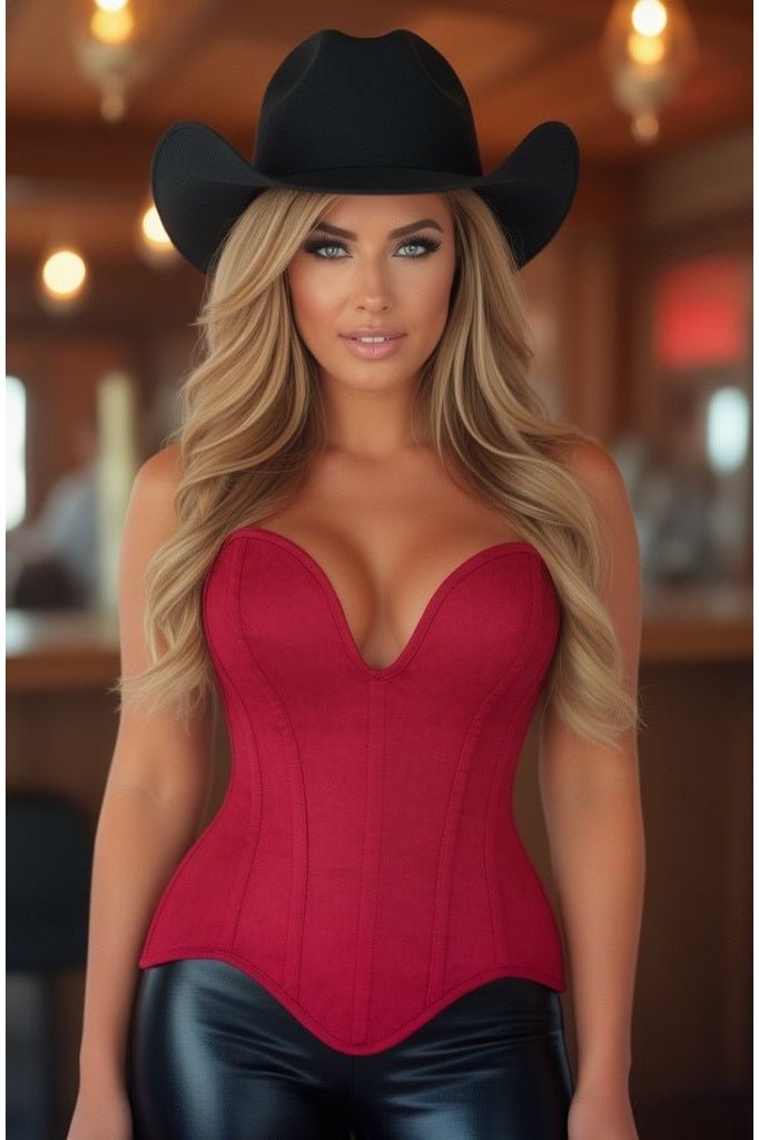 LIMITED EDITION Top Drawer Steel Boned Red Suede Deep Plunge Overbust Corset Top