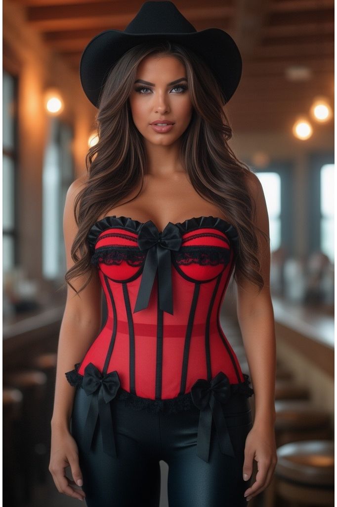 Top Drawer Steel Boned Red/Black Mesh Underwire Bustier Corset