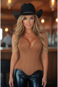 LIMITED EDITION Top Drawer Steel Boned Tan Suede Deep Plunge Overbust Corset Top