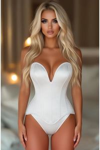 Top Drawer Steel Boned White Satin Plunge Neckline Overbust Corset