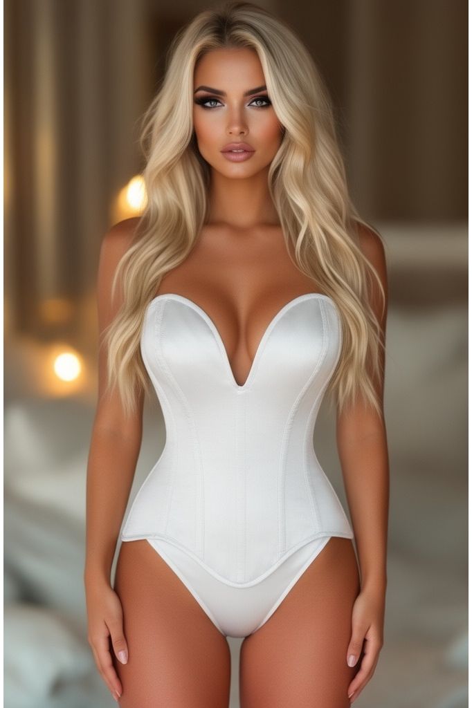 Top Drawer Steel Boned White Satin Plunge Neckline Overbust Corset