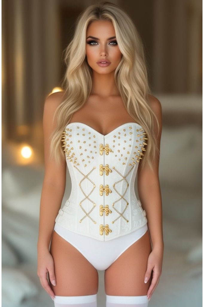 Top Drawer White Brocade & Gold Spikes Steel Boned Overbust Corset