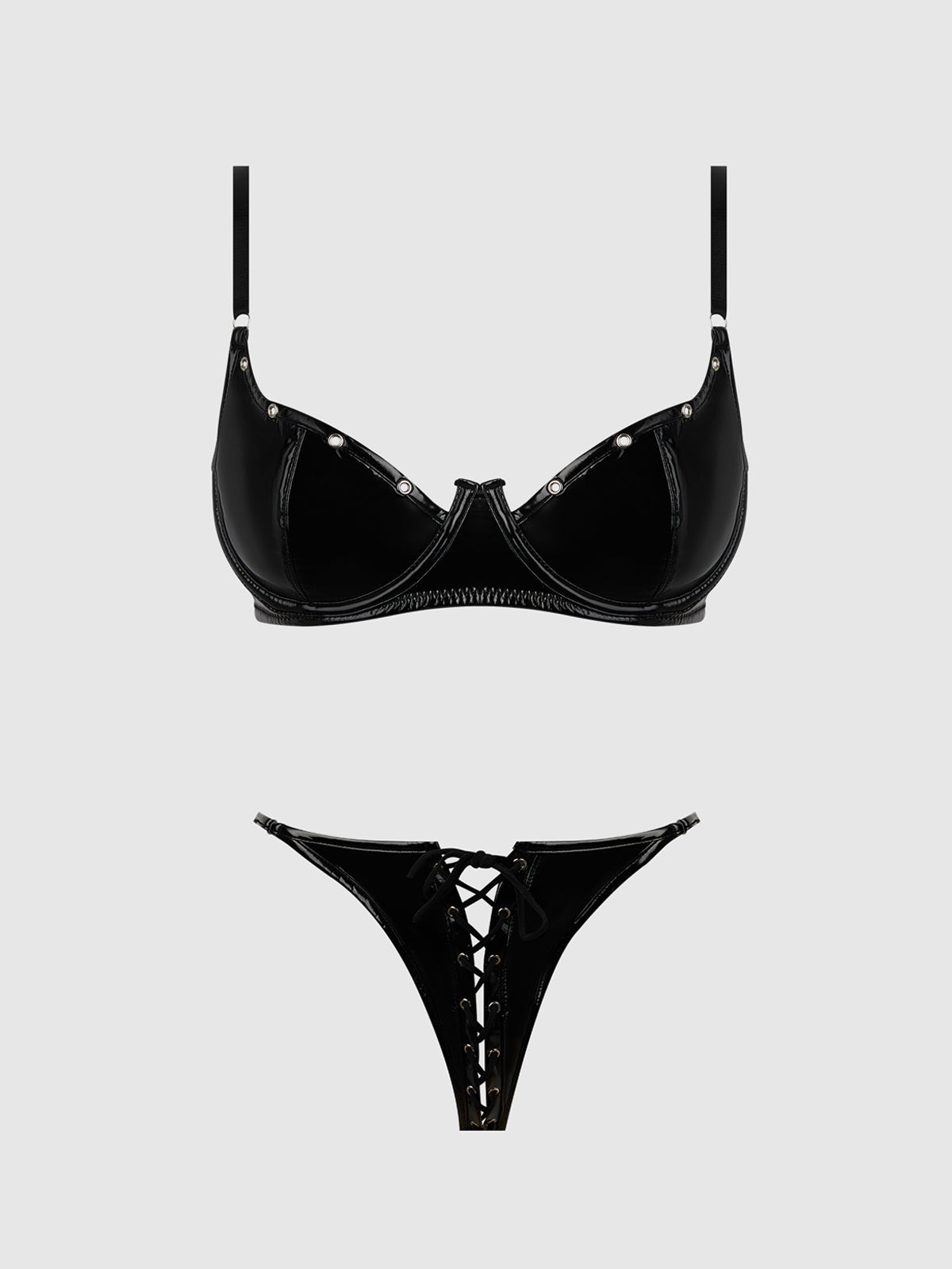 Trinity Patent Bra & Lace Up Crotchless Panty Set Black