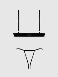 House of Desire Trinity Patent Bra & Lace Up Crotchless Panty Set Black