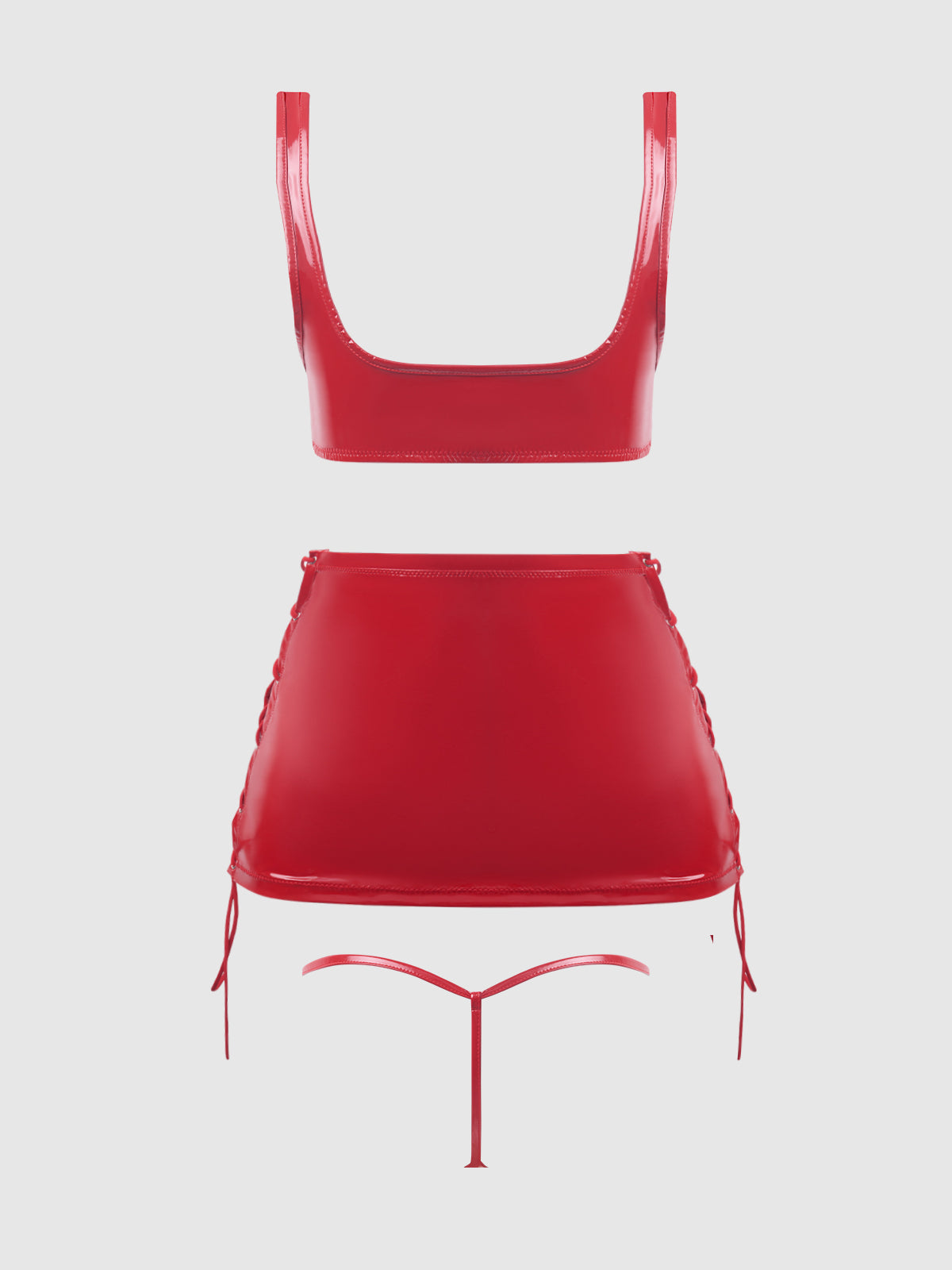Trinity Patent Lace Up Bralette, Skirt & G-String Set