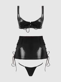 House of Desire Trinity Patent Lace Up Bralette, Skirt & G-String Set