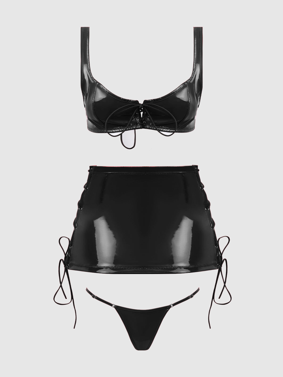 House of Desire Trinity Patent Lace Up Bralette, Skirt & G-String Set