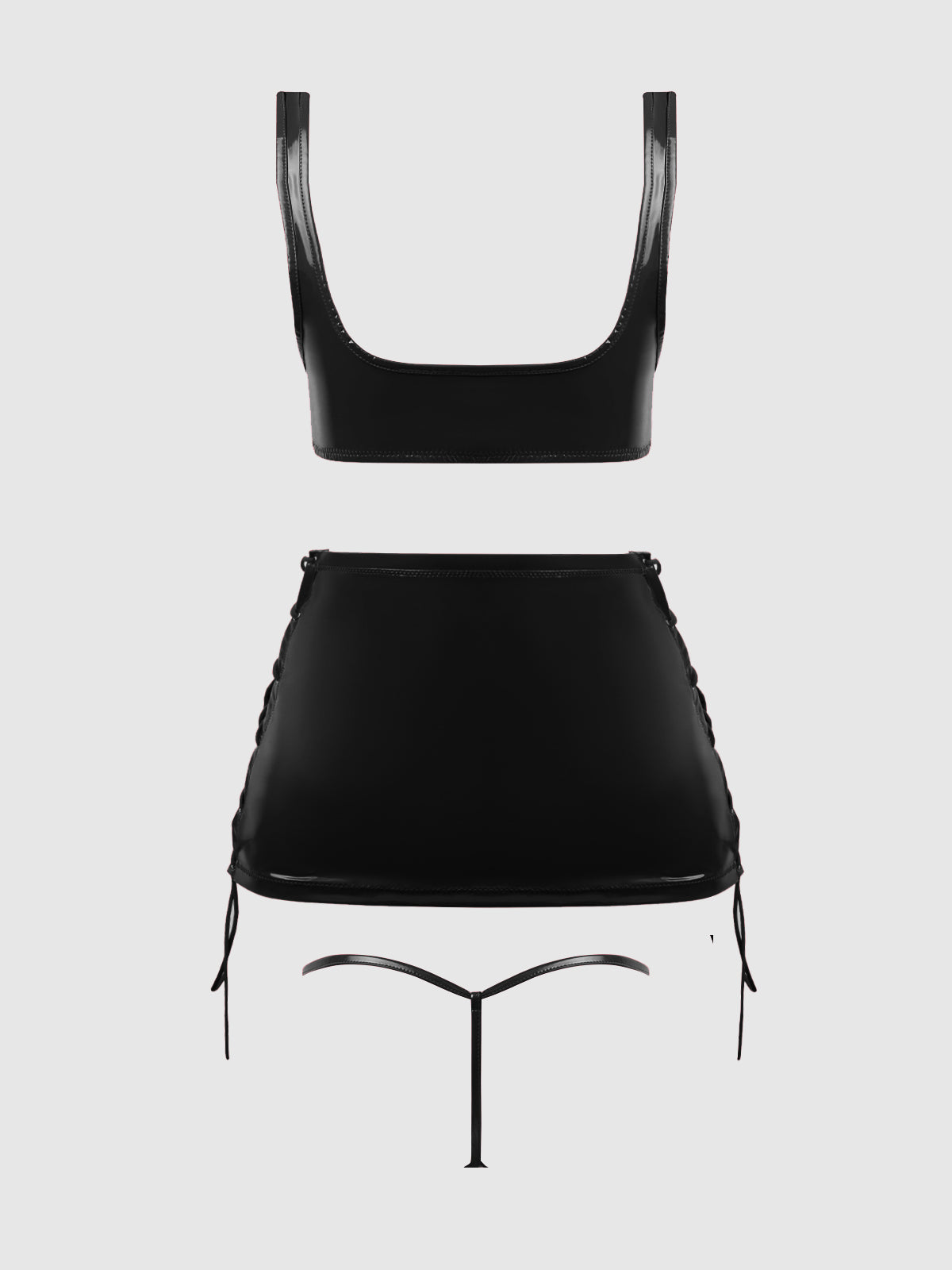 House of Desire Trinity Patent Lace Up Bralette, Skirt & G-String Set