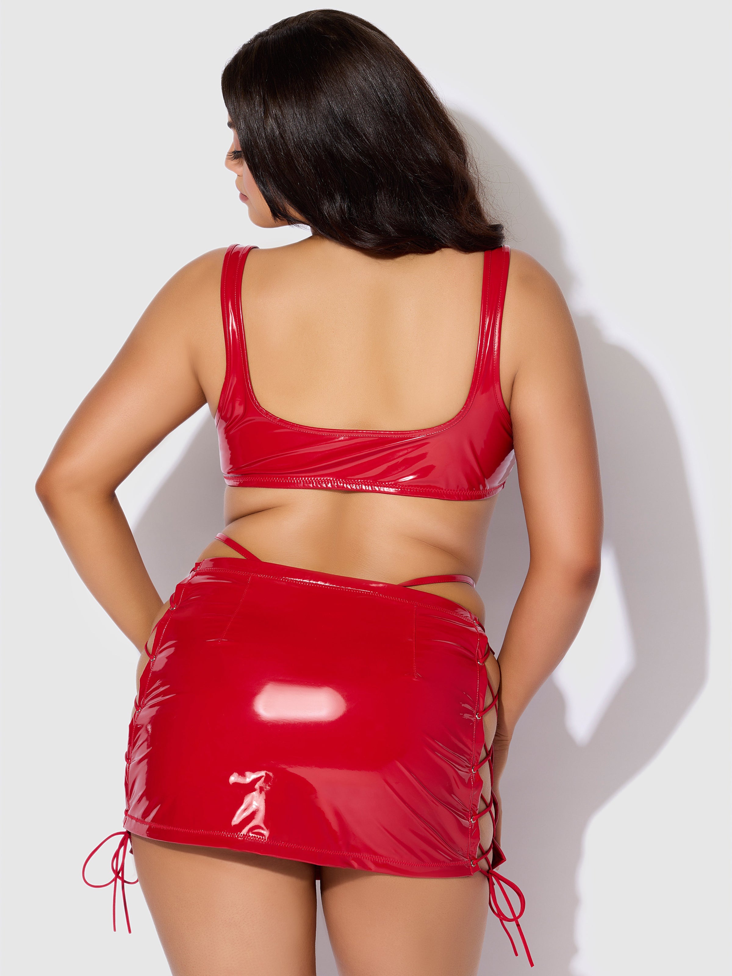 House of Desire Trinity Patent Lace Up Bralette, Skirt & G-String Set