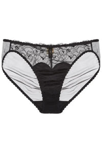 Black Tryst Leavers Lace Sheer Bikini Panty with ruched center seam and sheer back tulle.