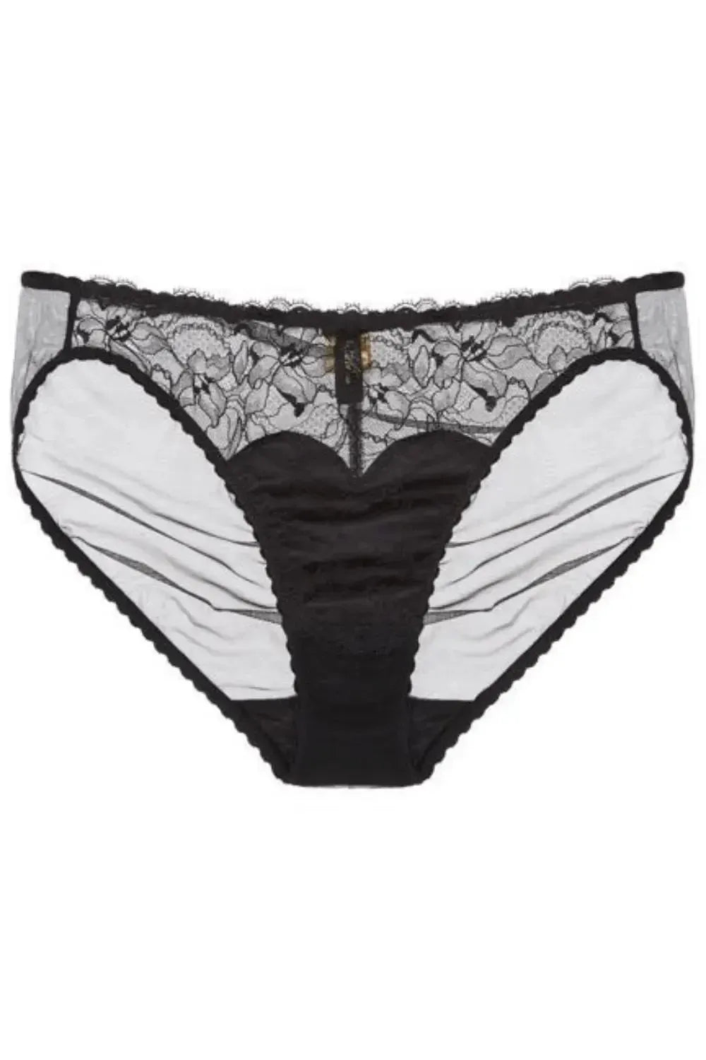 Black Tryst Leavers Lace Sheer Bikini Panty with ruched center seam and sheer back tulle.