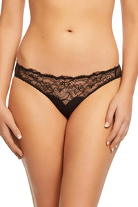 Black Tryst Leavers Lace sheer G-string panty with elegant floral lace and seductive sheer back tulle.