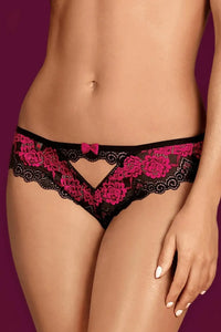 Sexy black and pink Tulia Lace Cheekini with floral pattern, tempting cut, and pink bow.