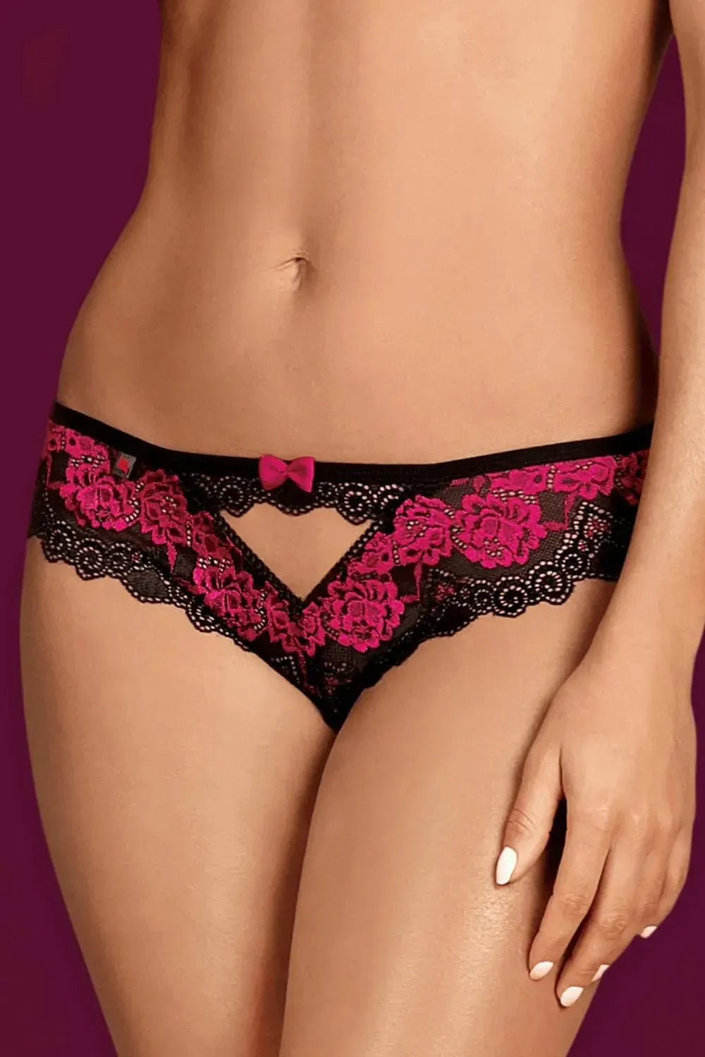 Sexy black and pink Tulia Lace Cheekini with floral pattern, tempting cut, and pink bow.