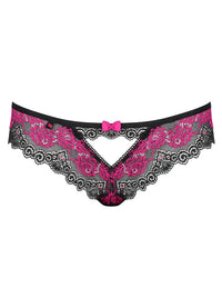 Sexy black and pink Tulia Lace Cheekini panties with floral lace, tempting cut, and pink bow.