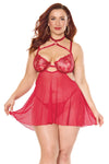 Holiday Sheer Embroidery Mesh Metallic Wet Look Babydoll Red