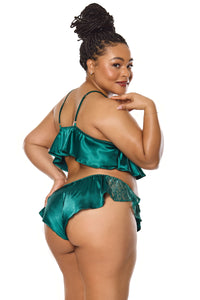 Holiday Satin Ruffle Peplum Bralette Sleep Set Green
