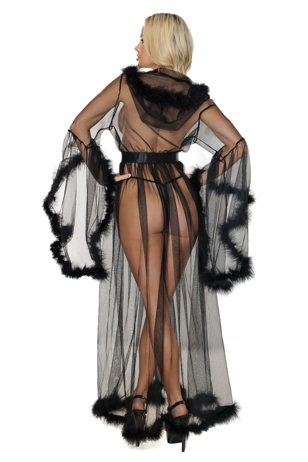 Coquette Pleasure Collection Sheer Nylon Marabou Hooded Bell Sleeves Robe