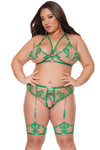 Coquette Pleasure Collection Queen Floral Embroidery Chain Garter Triangle Harness Bra Set Green-Rebel Romance