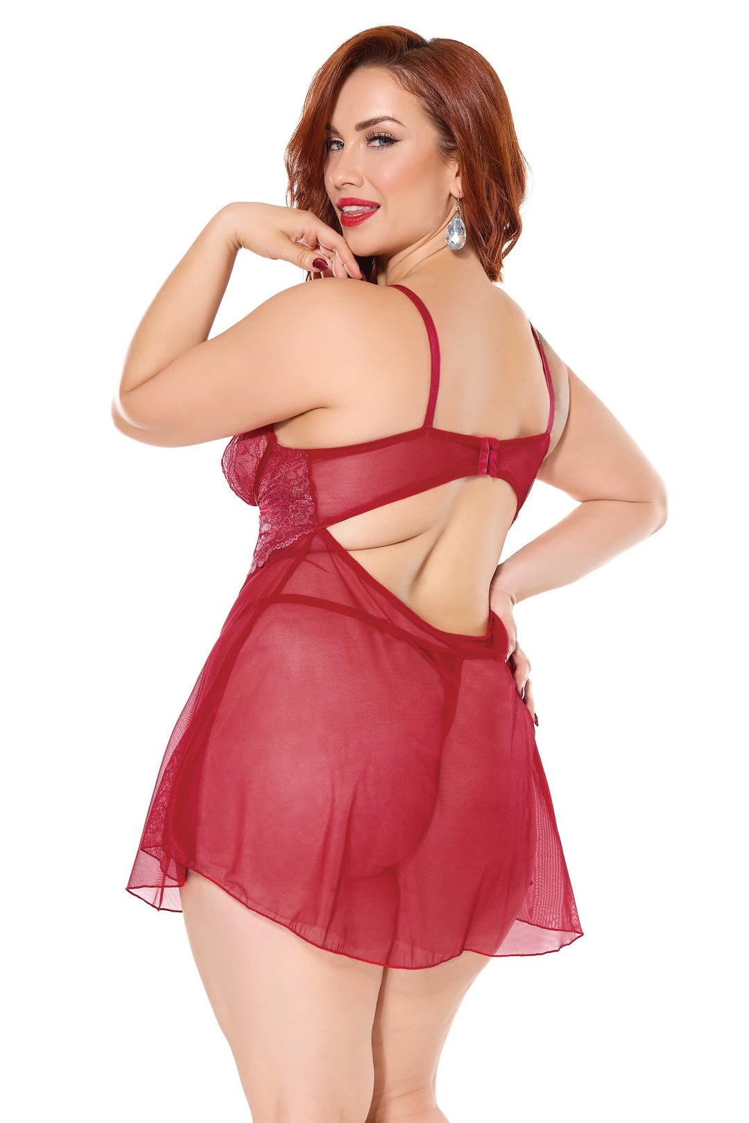 Coquette Holiday Diva Metallic Scallop Lace Sheer Mesh Babydoll Red/Silver