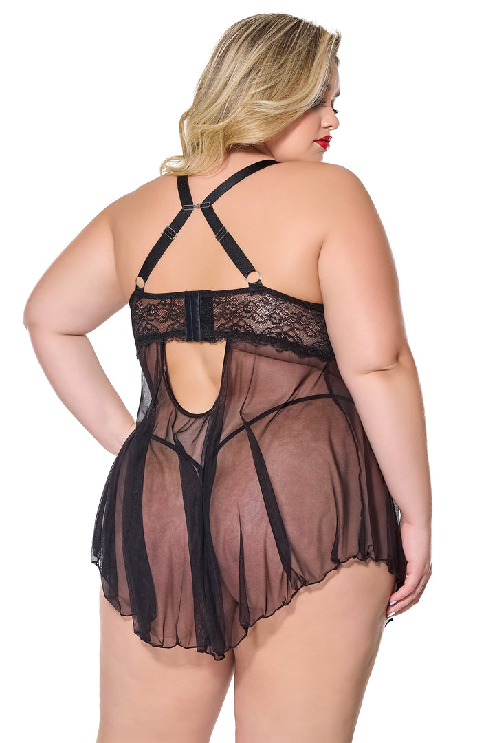 Coquette Holiday Diva Scallop Lace Sheer Mesh Babydoll Black-Rebel Romance