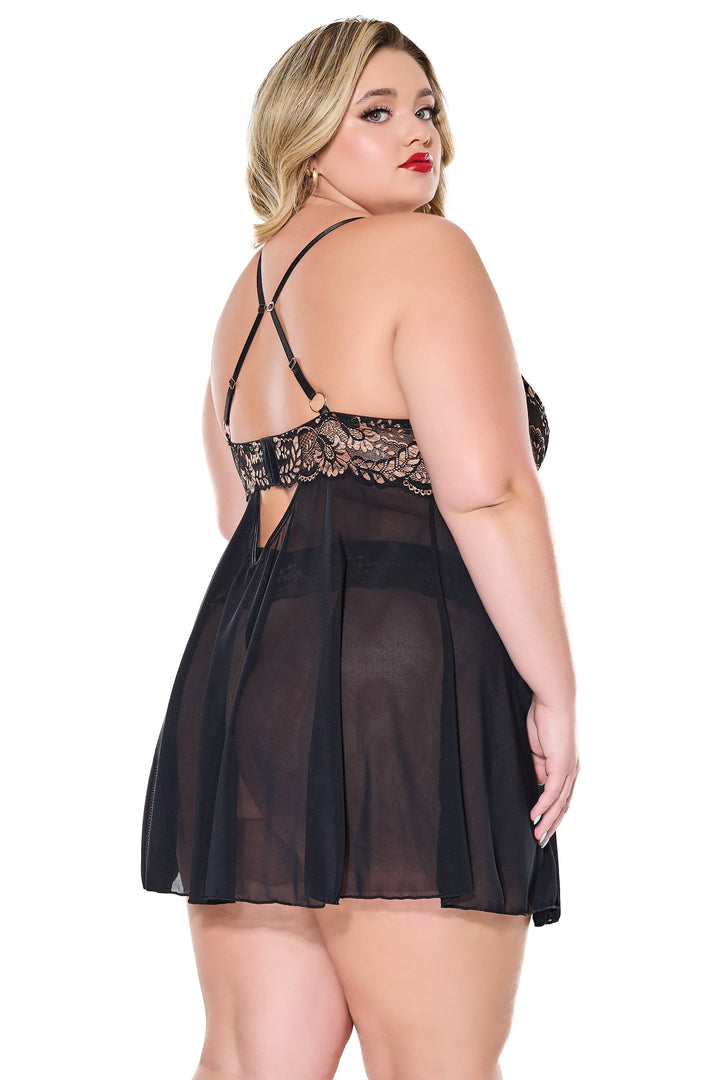 Coquette Holiday Diva Scalloped Lace Strappy Babydoll Set Rose Gold Black