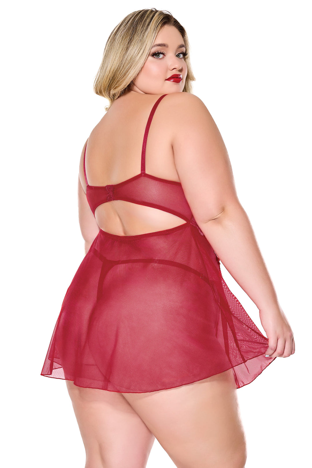 Coquette Holiday Diva Metallic Scallop Lace Sheer Mesh Babydoll Red/Silver-Rebel Romance