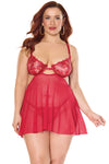 Holiday Sheer Embroidery Mesh Metallic Wet Look Babydoll Red