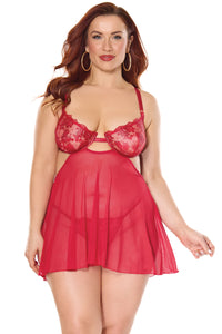 Holiday Sheer Embroidery Mesh Metallic Wet Look Babydoll Red
