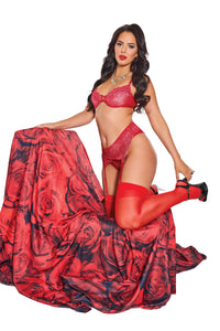 Coquette Holiday Metallic Lace Crotchless Garter Panty Bra Set Red/Silver