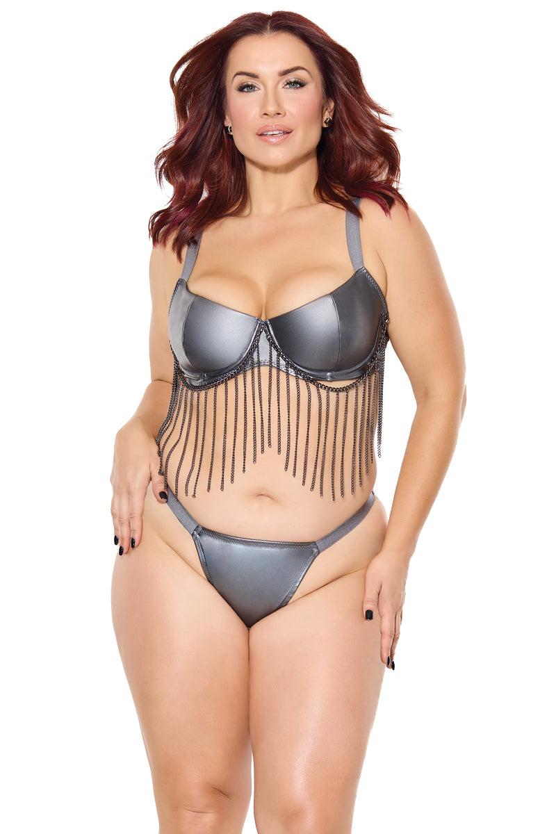 Pleasure Metal Chain Fringe Underwire Balconette Bra Set Gunmetal
