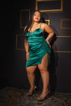 Holiday Ruching Satin Slip Dress Green