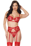 Holiday Sheer Embroidery Mesh Metallic Wet Look Bra Set Red