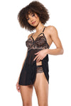 Coquette Holiday Scalloped Lace Strappy Babydoll Set Rose Gold Black-Rebel Romance