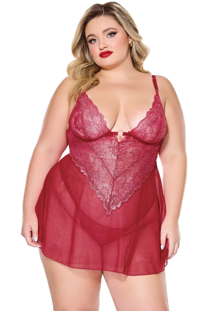 Coquette Holiday Diva Metallic Scallop Lace Sheer Mesh Babydoll Red/Silver-Rebel Romance