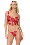 Holiday Sheer Embroidery Mesh Metallic Wet Look Bustier Set Red