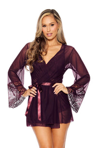Escante Queen Plus Mesh Robe Lace Trim Burgundy