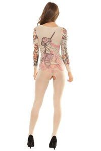 Coquette Tattoo Print Long Sleeve Bodystocking Crotchless