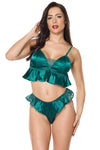 Holiday Satin Ruffle Peplum Bralette Sleep Set Green
